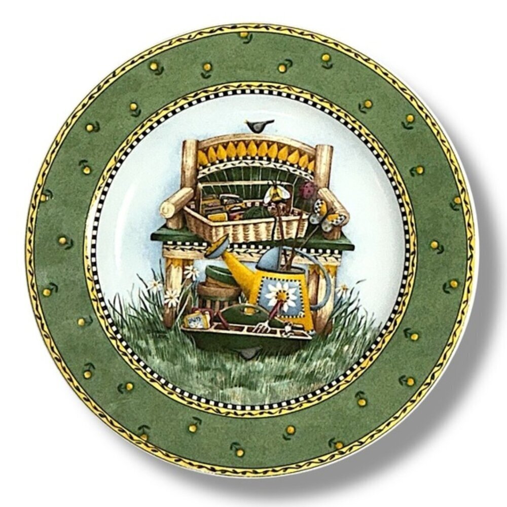 Vintage Debbie Mumm Plate Gardening Scene Green Yellow 8” Collectible 1999